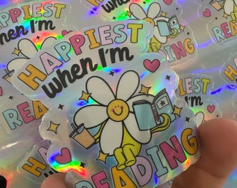 Happiest When I'm Reading, Graphic Sticker, Inspirational Sticker, Flower, Romantic, 3M, Decal, Book Lover, Holographic, Bookish, Reader