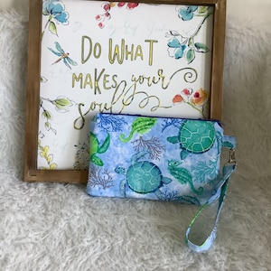 Sea Turtle Wristlet, Makeup Bag, Purse, Clutch, Cosmetic Pouch