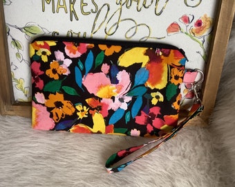 Black Floral Wristlet, Wallet, Cosmetic Bag, Clutch, Makeup Pouch, Spring Clutch