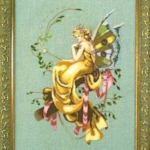 May include: A yellow fairy with green butterfly wings sits on a branch with pink ribbons. The fairy is wearing a yellow dress and has a crown of flowers in her hair.