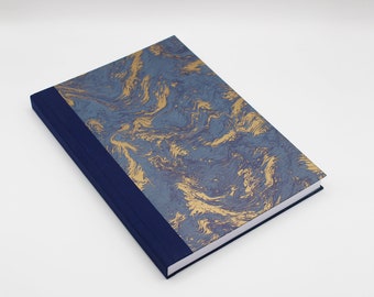Cuaderno grueso de mármol azul y dorado A4 - Diario - Cuaderno de bocetos - Diario de viaje - Hecho a mano