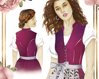 Dirndl-140 con scollo a V e colletto – cartamodello digitale in PDF – taglia 42 – istruzioni di cucito dettagliate