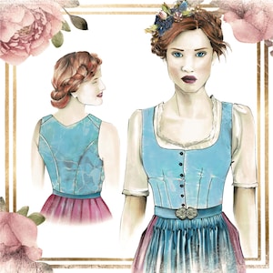 May include: Illustration of a woman in a traditional blue and pink dress with a decorative belt buckle. The dress has a square neckline and short sleeves. A second illustration shows the back of the dress. Floral accents and a gold frame surround the illustrations.