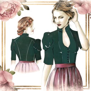 Puede incluir: Ilustración de una mujer con un top verde oscuro con cuello alto y mangas cortas abullonadas. El top se combina con una falda rosa y un cinturón granate. La obra de arte tiene un estilo vintage, con detalles florales y dorados.