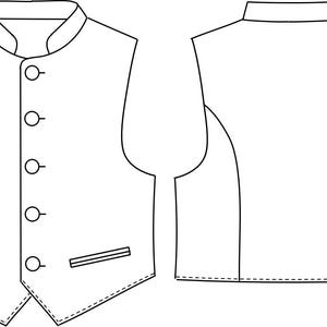 K&ouml;nnte beinhalten: Strichzeichnung einer Weste, Vorder- und R&uuml;ckansicht. Die Vorderansicht zeigt eine Knopfleistenweste mit Stehkragen, zwei Taschen und vier Kn&ouml;pfen. Die R&uuml;ckansicht zeigt die Form der Weste.
