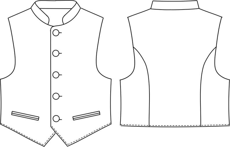 K&ouml;nnte beinhalten: Strichzeichnung einer Weste, Vorder- und R&uuml;ckansicht. Die Vorderansicht zeigt eine Knopfleistenweste mit Stehkragen, zwei Taschen und vier Kn&ouml;pfen. Die R&uuml;ckansicht zeigt die Form der Weste.
