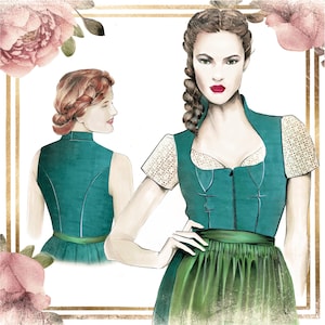 May include: Illustration of a woman wearing a teal dirndl dress with a green skirt and a white lace blouse. The dress has a high collar and a fitted bodice. The woman has her hair in a braid and is wearing red lipstick. The background includes floral and gold accents.