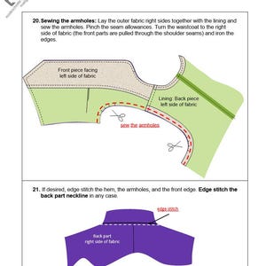 Puede incluir: Diagrama de instrucciones de costura con texto. La imagen muestra los pasos para coser una prenda, incluyendo la costura de las sisas y el pespunte del escote. El diagrama incluye ilustraciones de piezas de tela y t&eacute;cnicas de costura.