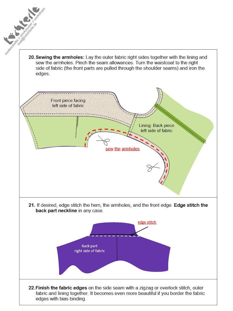 Puede incluir: Diagrama de instrucciones de costura con texto. La imagen muestra los pasos para coser una prenda, incluyendo la costura de las sisas y el pespunte del escote. El diagrama incluye ilustraciones de piezas de tela y t&eacute;cnicas de costura.