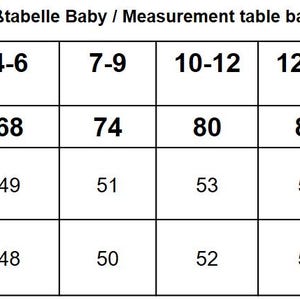 K&ouml;nnte beinhalten: Eine schwarz-wei&szlig;e Ma&szlig;tabelle f&uuml;r Babykleidung. Sie zeigt Altersangaben in Monaten, Euro-Gr&ouml;&szlig;en, Brustumfang in Zentimetern und Taillenumfang in Zentimetern. Der Text "Ma&szlig;tabelle Baby / Measurement table baby" steht oben.