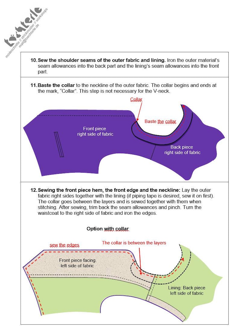 K&ouml;nnte beinhalten: N&auml;hdiagramm mit Text und Illustrationen zur Kleidungsherstellung. Das Bild zeigt Schritte zum N&auml;hen, einschlie&szlig;lich Kragenanbringung und Saumabschluss. Das Diagramm enth&auml;lt Stoffteile und Etiketten, die den N&auml;hvorgang anleiten.