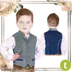 以下が含まれることがあります： グレーのベストを着た子供のイラスト。濃い青色のトリムとボタンが付いており、白い襟付きシャツと組み合わされています。ベストの前面と背面の両方のビューを示しています。「töchterle」という単語が左下に表示されています。