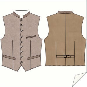 Puede incluir: Un chaleco color beige con cuello mandar&iacute;n, cierre de botones y un peque&ntilde;o bolsillo. La parte trasera del chaleco es de color beige liso con cintur&oacute;n ajustable. El chaleco se muestra de frente y de espalda.