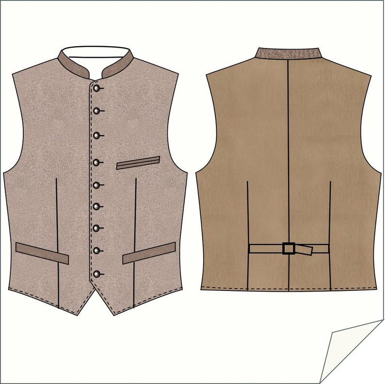 Puede incluir: Un chaleco color beige con cuello mandar&iacute;n, cierre de botones y un peque&ntilde;o bolsillo. La parte trasera del chaleco es de color beige liso con cintur&oacute;n ajustable. El chaleco se muestra de frente y de espalda.