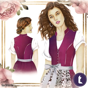 May include: A woman wearing a traditional German dirndl with a white blouse, a burgundy waistcoat, and a white and grey patterned skirt. The dirndl has a silver ribbon around the waist and a silver bow at the back. The woman has long brown hair and is wearing earrings.