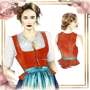 Könnte beinhalten: Illustration einer Frau in einem traditionellen rot-weißen Kleid mit blauem Rock. Das Kleid hat einen quadratischen Ausschnitt, ein figurbetontes Oberteil und einen blauen Gürtel. Eine zweite Illustration zeigt die Rückseite des Kleides. Blumige Akzente umrahmen das Bild.