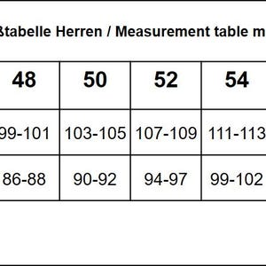 Puede incluir: Tabla de medidas en blanco y negro para tallas de ropa de hombre. Incluye tallas europeas de la 44 a la 62, con medidas de pecho y cintura en cent&iacute;metros.