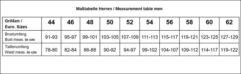 Puede incluir: Tabla de medidas en blanco y negro para tallas de ropa de hombre. Incluye tallas europeas de la 44 a la 62, con medidas de pecho y cintura en cent&iacute;metros.