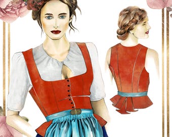 Gorset Dirndl-132 z baskinką – cyfrowy wzór do szycia w formacie PDF – rozmiar 44 – szczegółowa instrukcja szycia