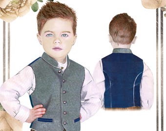 May include: Illustration of a young boy wearing a gray vest with dark blue trim and buttons, paired with a white shirt. A second view shows the back of the vest in dark blue. The image has a vintage, watercolor style.