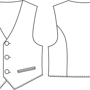 K&ouml;nnte beinhalten: Eine Schwarz-Wei&szlig;-Strichzeichnung einer Weste. Die Vorderansicht zeigt einen V-Ausschnitt mit drei Kn&ouml;pfen und zwei Taschen. Die R&uuml;ckansicht ist ebenfalls abgebildet. Die Weste ist ein klassisches Design, geeignet f&uuml;r verschiedene Anl&auml;sse.