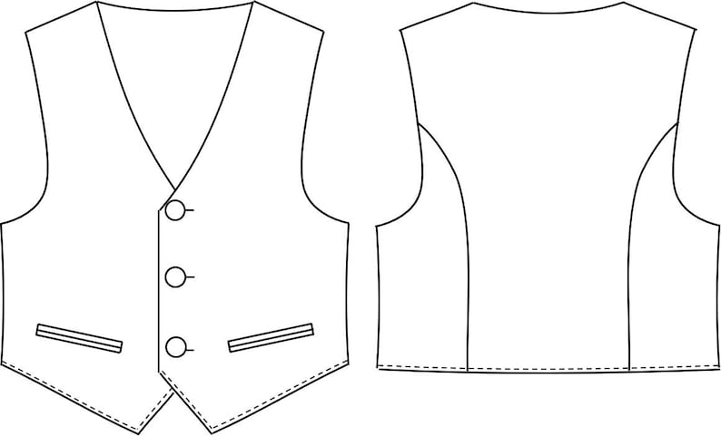 K&ouml;nnte beinhalten: Eine Schwarz-Wei&szlig;-Strichzeichnung einer Weste. Die Vorderansicht zeigt einen V-Ausschnitt mit drei Kn&ouml;pfen und zwei Taschen. Die R&uuml;ckansicht ist ebenfalls abgebildet. Die Weste ist ein klassisches Design, geeignet f&uuml;r verschiedene Anl&auml;sse.