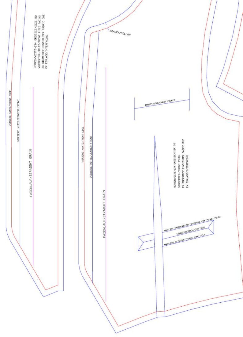 Puede incluir: Un patr&oacute;n de costura detallado con varias piezas de ropa, con l&iacute;neas y texto en alem&aacute;n. El patr&oacute;n incluye etiquetas como "Borde delantero", "Centro delantero" y "Bolsillo del pecho".