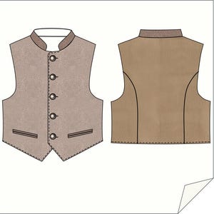 K&ouml;nnte beinhalten: Illustration einer beigefarbenen Weste mit Stehkragen und vier Kn&ouml;pfen. Die Vorderansicht zeigt zwei Taschen, w&auml;hrend die R&uuml;ckseite einfarbig beige ist. Die Weste ist ein klassischer Stil.