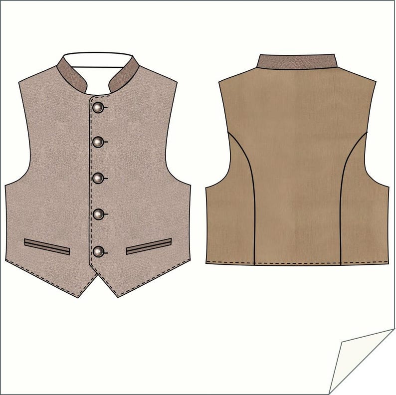 K&ouml;nnte beinhalten: Illustration einer beigefarbenen Weste mit Stehkragen und vier Kn&ouml;pfen. Die Vorderansicht zeigt zwei Taschen, w&auml;hrend die R&uuml;ckseite einfarbig beige ist. Die Weste ist ein klassischer Stil.
