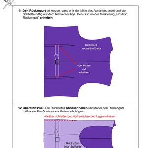 Puede incluir: Un diagrama de patr&oacute;n de costura con piezas de tela moradas e instrucciones en alem&aacute;n. El diagrama muestra c&oacute;mo acortar y adjuntar una correa trasera, con etiquetas como "Pieza trasera lado derecho de la tela" y "Acortar y adjuntar la correa".