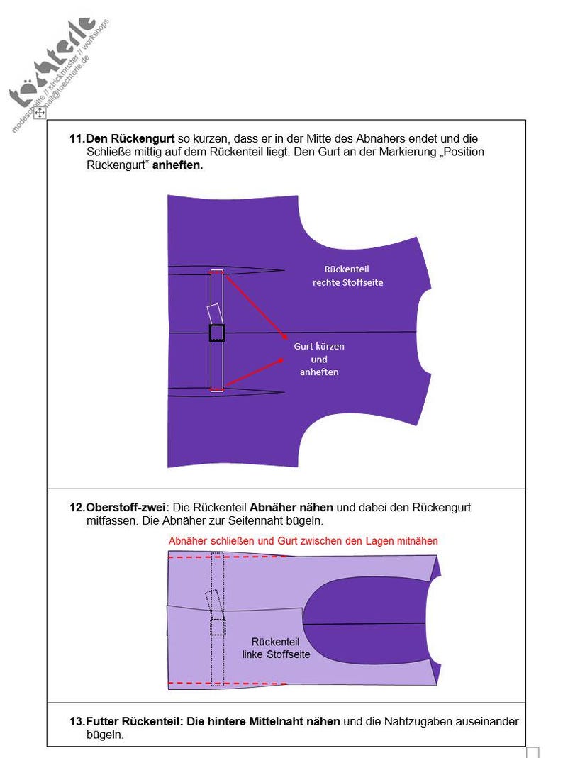 Puede incluir: Un diagrama de patr&oacute;n de costura con piezas de tela moradas e instrucciones en alem&aacute;n. El diagrama muestra c&oacute;mo acortar y adjuntar una correa trasera, con etiquetas como "Pieza trasera lado derecho de la tela" y "Acortar y adjuntar la correa".