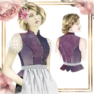 Dirndl-146, high-necked with stand-up collar and peplum – digital PDF sewing pattern – size 40 – detailed sewing instructions