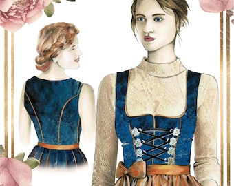 Dirndl-111 con scollo alla Monaco e allacciatura – cartamodello digitale in PDF – taglia 34 – istruzioni di cucito dettagliate