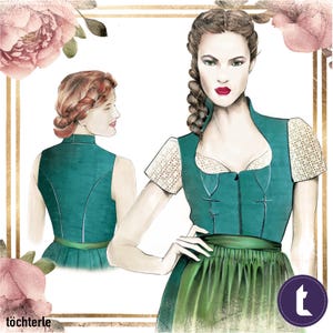 May include: Illustration of a woman wearing a teal dirndl dress with a green skirt and a white lace top. The dress has a high collar and a fitted bodice. The image is framed with gold lines and floral accents.