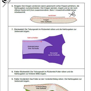 K&ouml;nnte beinhalten: Diagramm mit N&auml;h-Anweisungen und deutschem Text. Das Diagramm zeigt Schritte zum N&auml;hen eines Kragens, R&uuml;ckenteils und vorderen Futters. Die Abbildung enth&auml;lt Illustrationen von Stoffteilen und N&auml;htechniken.