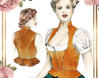 Dirndl-119 Lijfje met peplum en kraag – digitaal PDF-naaipatroon – maat 52 – gedetailleerde naaianwijzingen