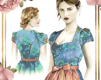 Dirndl-116 met sweetheart-halslijn en pofmouwen – digitaal PDF-naaipatroon – maat 40 – gedetailleerde naaianwijzingen en naaivideo
