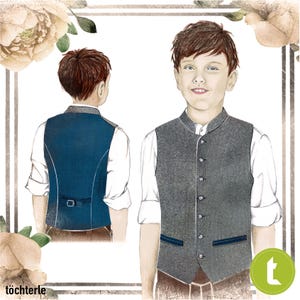 May include: A boy's gray vest with a blue trim and buttons. The vest has a mandarin collar and is worn over a white shirt. The boy is smiling and looking at the camera.