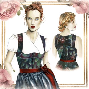 May include: Illustration of a woman in a traditional dress with a floral bodice, white blouse, and blue skirt. A red sash is tied around the waist. A second image shows the back view of the dress. The background includes pink flowers and gold accents.