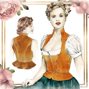 Könnte beinhalten: Aquarell-Illustration einer Frau in einer traditionellen orangefarbenen Weste, einer weißen Bluse und einem grünen Rock. Das Bild enthält eine zweite Illustration der Weste von hinten, mit floralen Akzenten.
