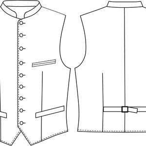 Puede incluir: Dibujo lineal de un chaleco formal con cuello mandar&iacute;n, cierre de botones en la parte delantera y dos bolsillos delanteros. La parte trasera del chaleco presenta un peque&ntilde;o detalle de cintur&oacute;n. El chaleco es sin mangas y tiene un corte entallado.