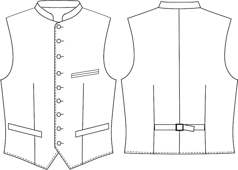 Puede incluir: Dibujo lineal de un chaleco formal con cuello mandar&iacute;n, cierre de botones en la parte delantera y dos bolsillos delanteros. La parte trasera del chaleco presenta un peque&ntilde;o detalle de cintur&oacute;n. El chaleco es sin mangas y tiene un corte entallado.