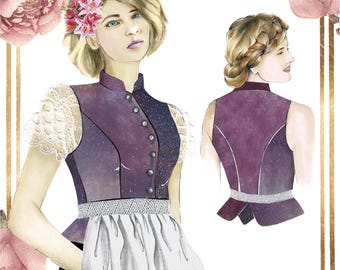 Dirndl-146, met hoge hals, opstaande kraag en peplum – digitaal PDF-naaipatroon – maat 34 – gedetailleerde naaianwijzingen