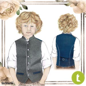 Puede incluir: Un chaleco gris y azul con cuello mandarín y cierre de botones. El chaleco tiene un ribete decorativo alrededor de los bordes y un cinturón en la espalda.