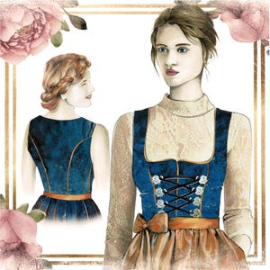May include: Watercolor illustration of two women wearing traditional Bavarian dirndl dresses. The dresses feature a blue bodice with gold trim, a white lace blouse, and a brown skirt. The image is framed with gold lines and pink floral accents.