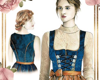 Dirndl-111 met München-halslijn en vetersluiting – digitaal PDF-naaipatroon – maat 42 – gedetailleerde naaianwijzingen