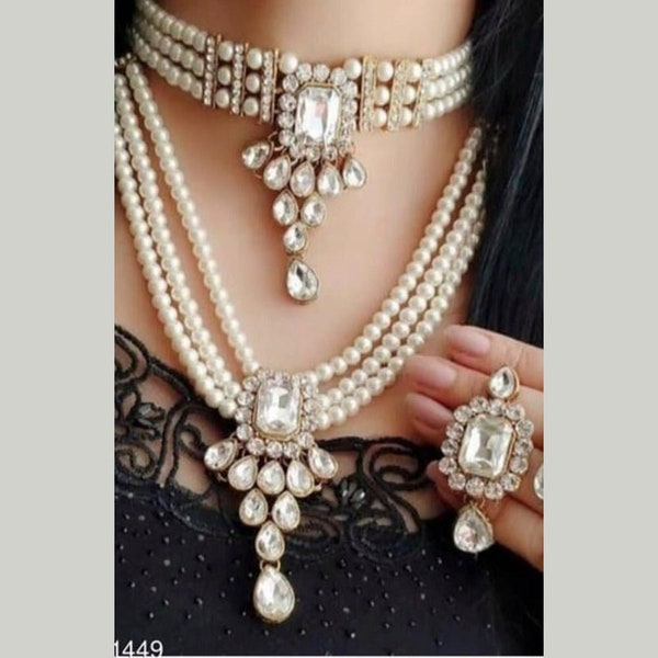 Indian Party Bridal Jewellery Crystal Stone & Pearl Double Necklace Set gold wedding bridal kundan style polki Bollywood jewelry