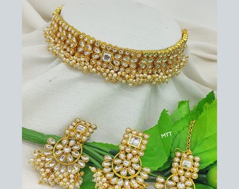 Indian Bollywood Style Gold and silver Plated Pearls Gajra Choker Necklace Set Jewellery Sets Asian Wedding  Pearls choker Necklace tikka