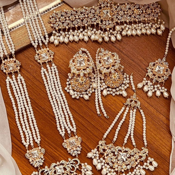 Indian Pakistani Bridal Heavy Farshi Kundan Style Long Crystals Choker Mala Set Jhumar Champagne Gold Tikka Pearls Jhumar Mang Tikka Jhumka