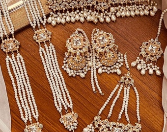 Indian Pakistani Bridal Heavy Farshi Kundan Style Long Crystals Choker Mala Set Jhumar Champagne Gold Tikka Pearls Jhumar Mang Tikka Jhumka